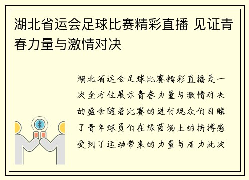 湖北省运会足球比赛精彩直播 见证青春力量与激情对决